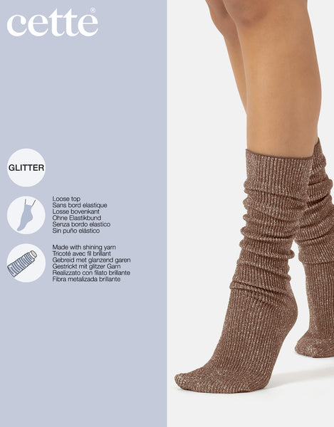 Cette - Ribbed Glitter Knee Highs in Caffe