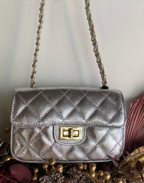 Marlon - Quilted Leather Crossbody in Silver