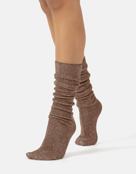 Cette - Ribbed Glitter Knee Highs in Caffe