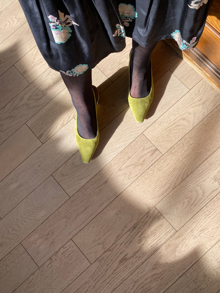 Woden - Slingback Heels in Bamboo Green Suede