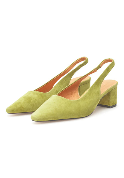 Woden - Slingback Heels in Bamboo Green Suede