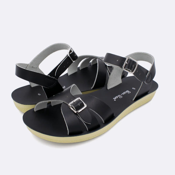 Salt Water Sandals - Thicker Sole Adjustable Boardwalk Sandal in Black Leather