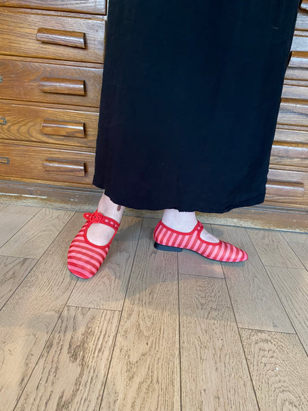 Camper - Mary Janes in Red & Pink Striped Mesh