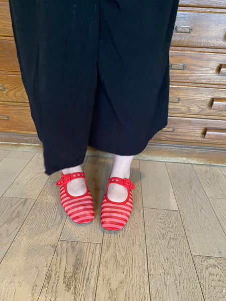 Camper - Mary Janes in Red & Pink Striped Mesh