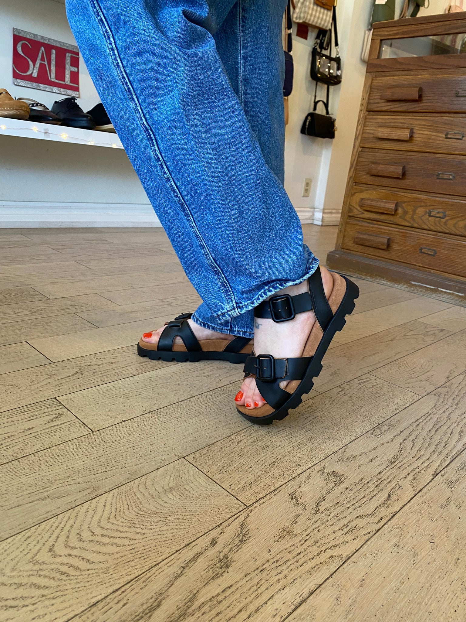 Camper - Leather Sandal with Adjustable Buckles in Black