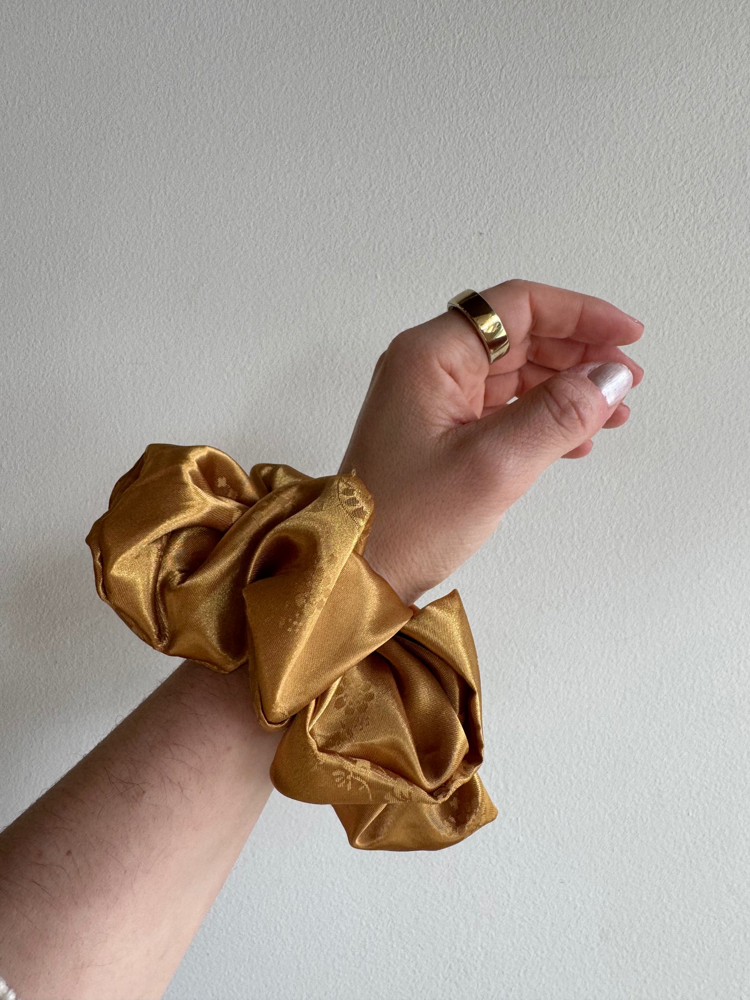Rachel Rose - Satin Scrunchies in Gold with Floral