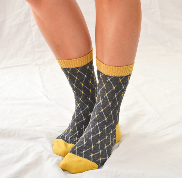 Hooray Sock Co - Textured Socks Gold/Black Lattice