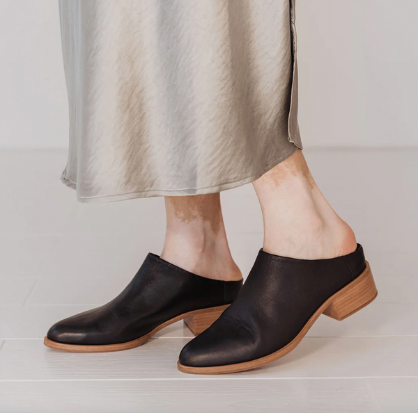 Poppy Barley - Low Down Heeled Mule in Black Leather