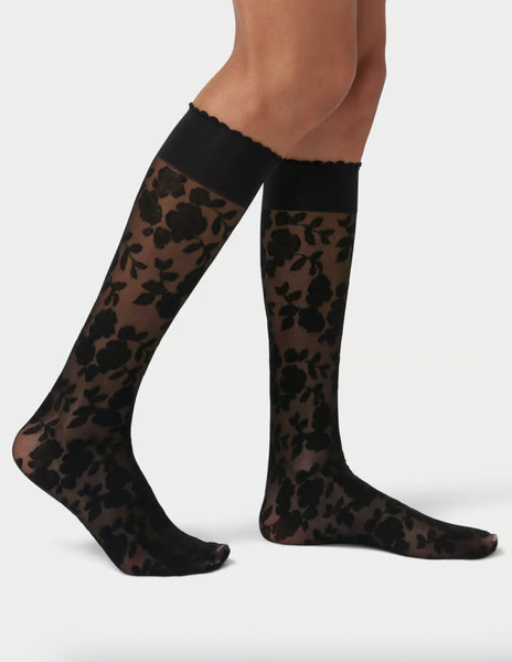 Hue - Black Floral Lace Sheer Knee Highs