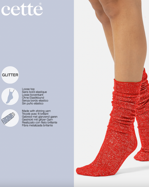 Cette - Ribbed Glitter Knee Highs in Red