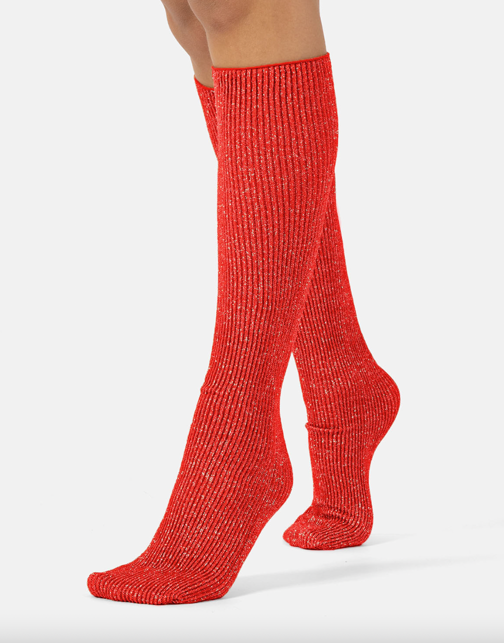 Cette - Ribbed Glitter Knee Highs in Red