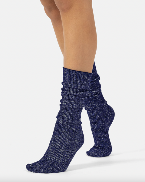 Cette - Ribbed Glitter Knee Highs in Navy