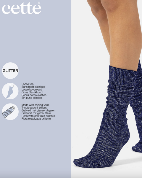 Cette - Ribbed Glitter Knee Highs in Navy