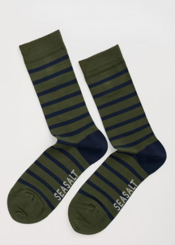 Seasalt Socks - Navy & Green Stripe Bamboo Socks (Large)
