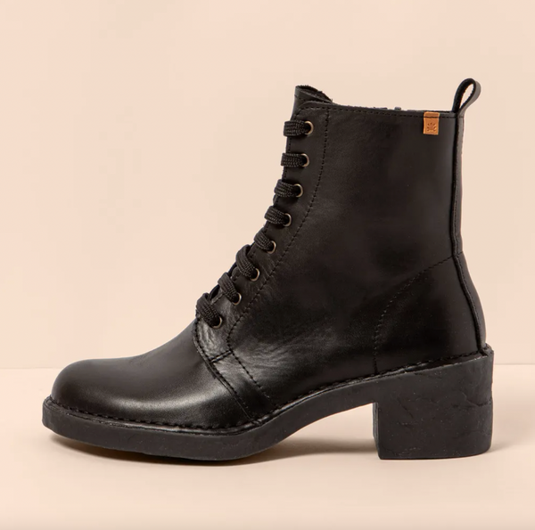 El Naturalista - Lace Up Leather Boot with Side Zipper in Black