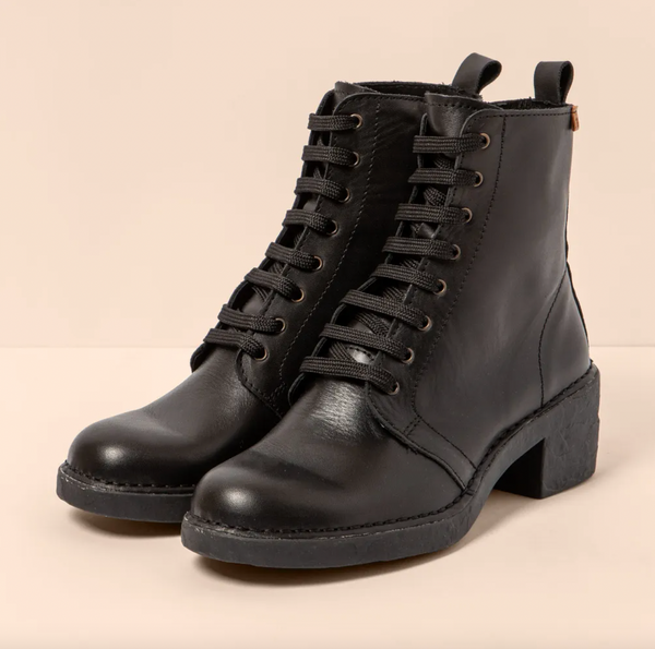 El Naturalista - Lace Up Leather Boot with Side Zipper in Black