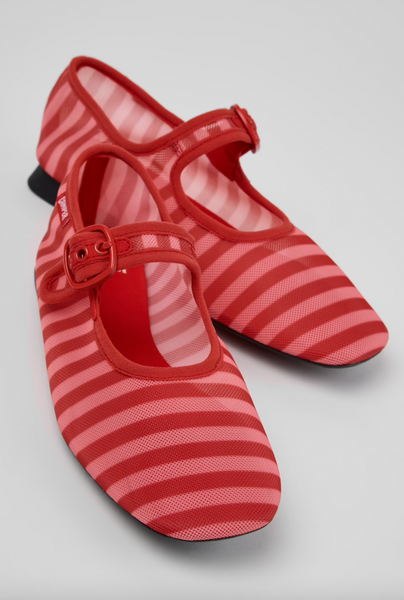 Camper - Mary Janes in Red & Pink Striped Mesh