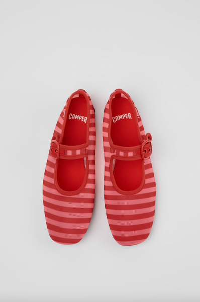 Camper - Mary Janes in Red & Pink Striped Mesh