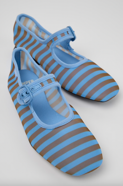 Camper - Mary Janes in Blue & Tan Striped Mesh