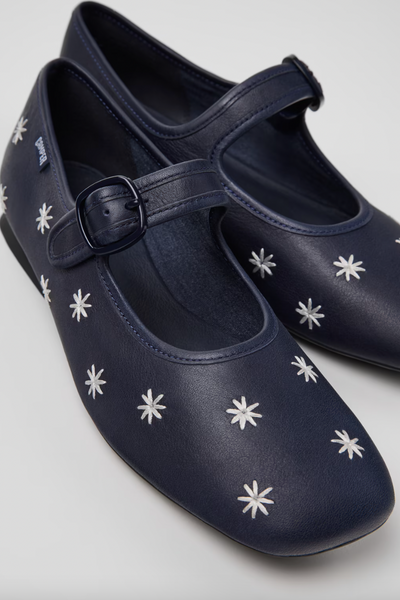 Camper - Embroidered Mary Janes in Navy Leather