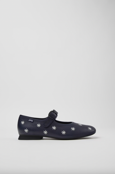Camper - Embroidered Mary Janes in Navy Leather