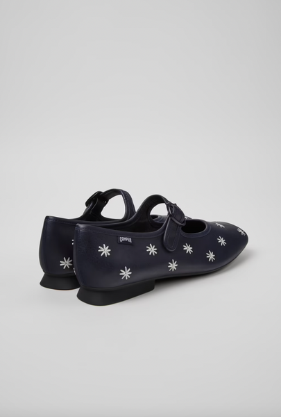 Camper - Embroidered Mary Janes in Navy Leather