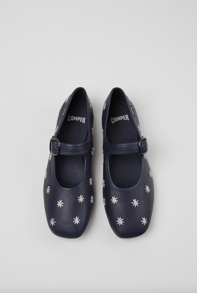 Camper - Embroidered Mary Janes in Navy Leather