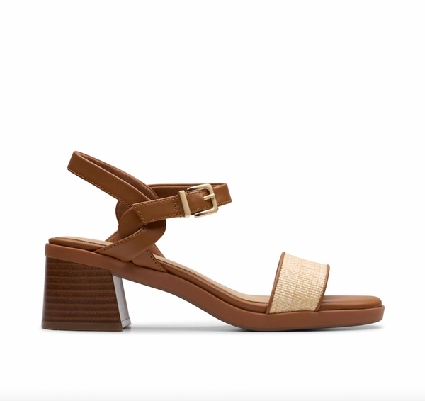 Clarks - Block Heel Sandal in Leather and Raffia