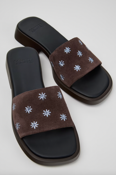 Camper - Embroidered Slide in Brown Suede
