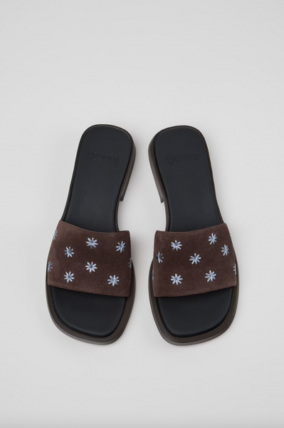 Camper - Embroidered Slide in Brown Suede