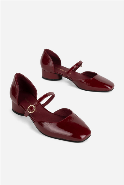 Intentionally Blank - Low Heeled Mary Jane in Crinkle Patent Merlot