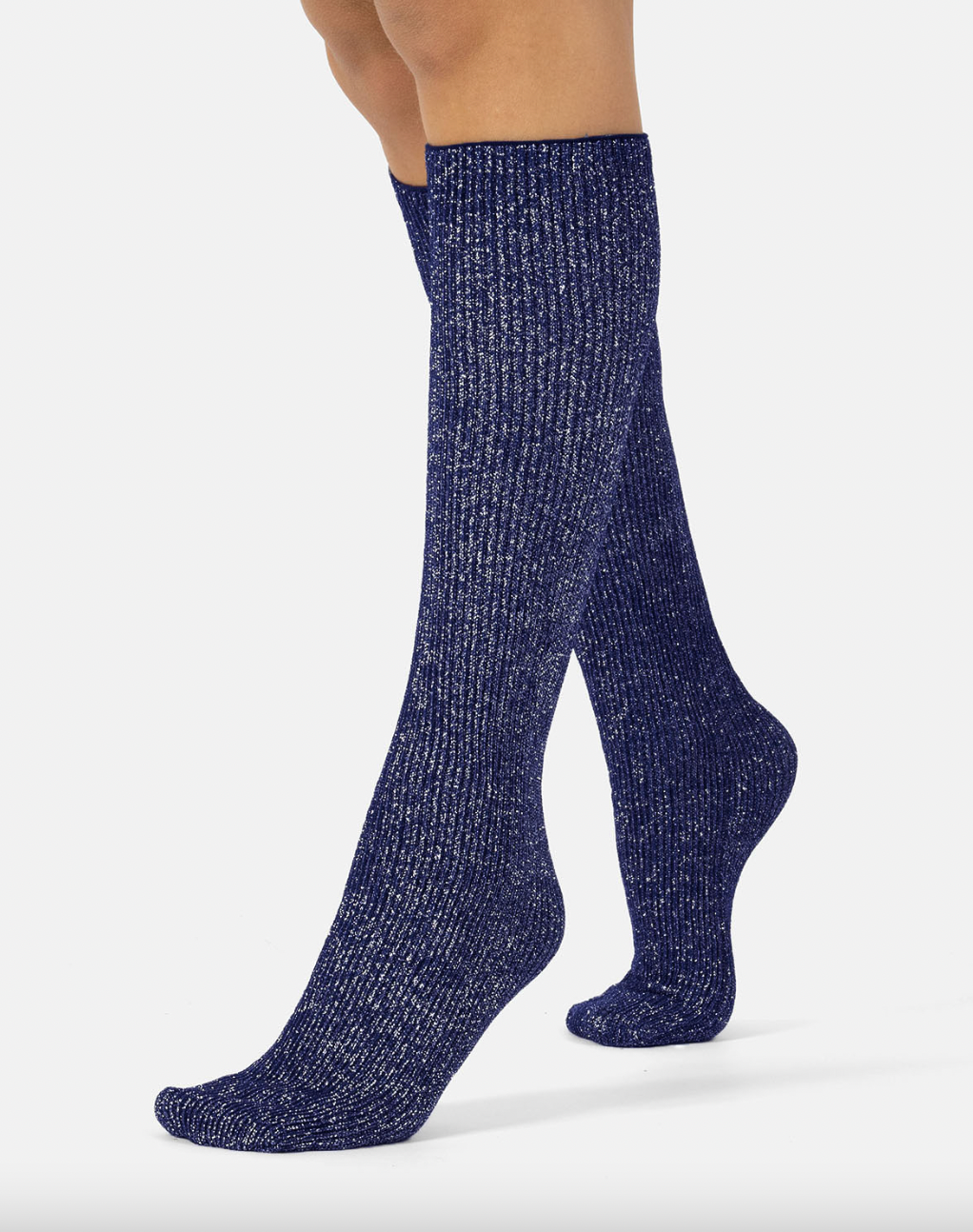 Cette - Ribbed Glitter Knee Highs in Navy