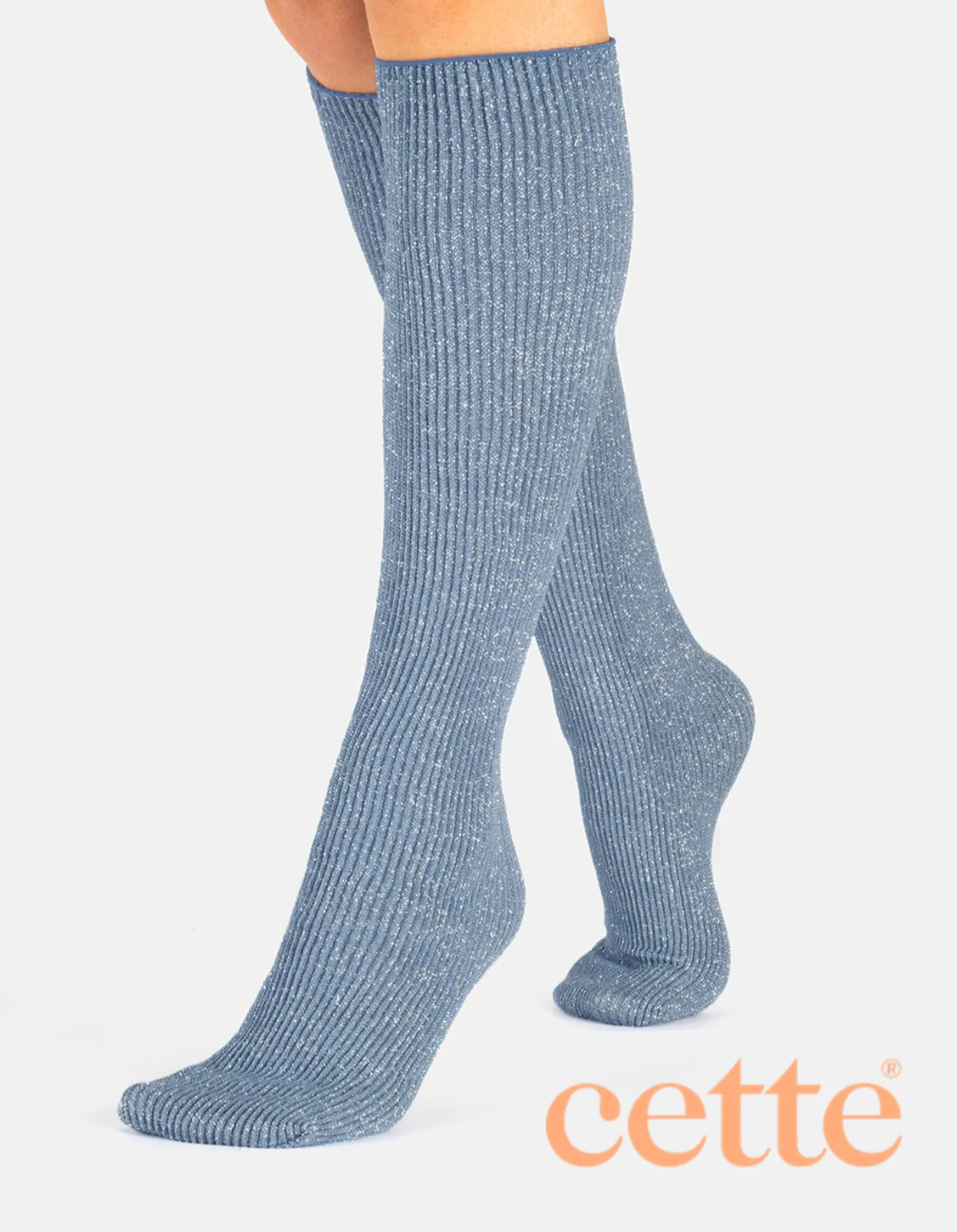 Cette - Ribbed Glitter Knee Highs in Light Blue