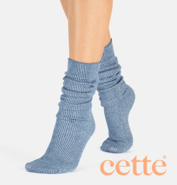 Cette - Ribbed Glitter Knee Highs in Light Blue