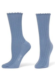 Hue - Scalloped Crew Socks in Blue