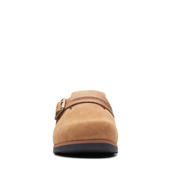 Clarks - Cozy Suede Slides in Tan